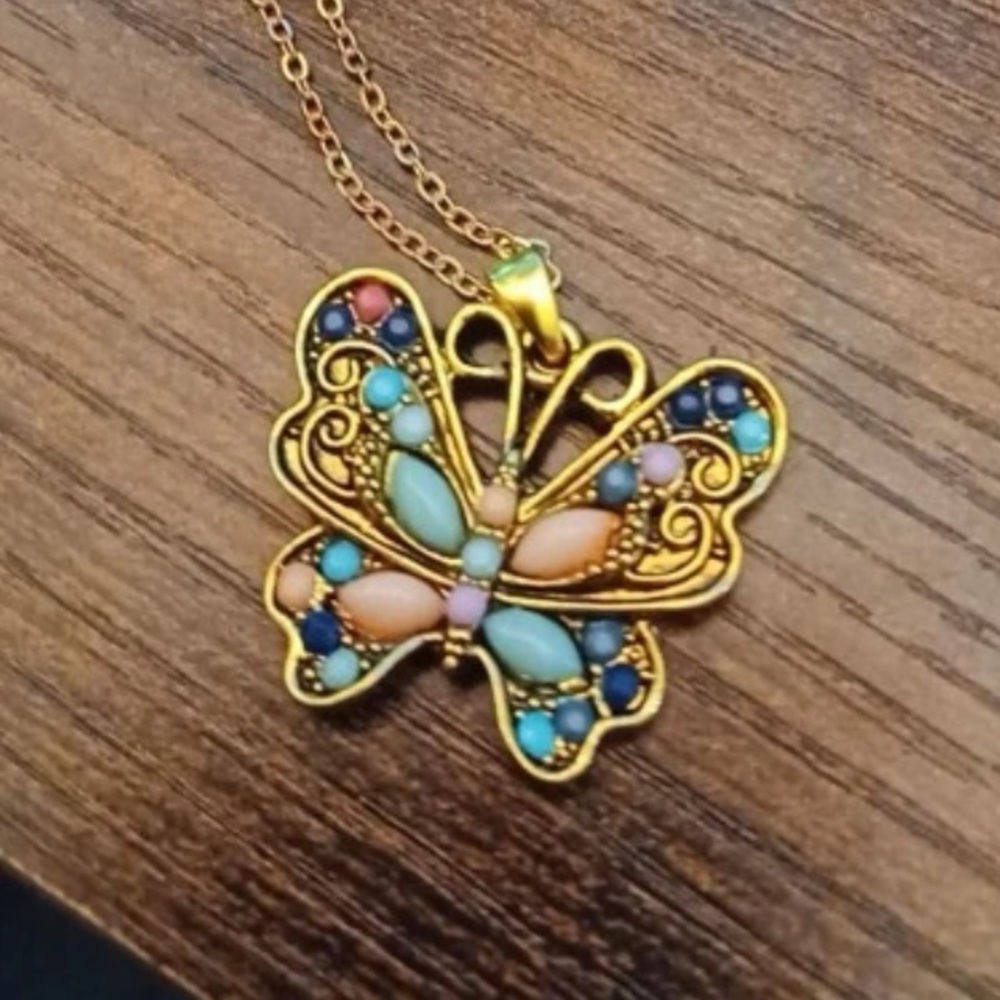 Vintage Multi-Turquoise Butterfly Gold Over Sterling Silver 4.00 ctw Necklace - Picture 11 of 12